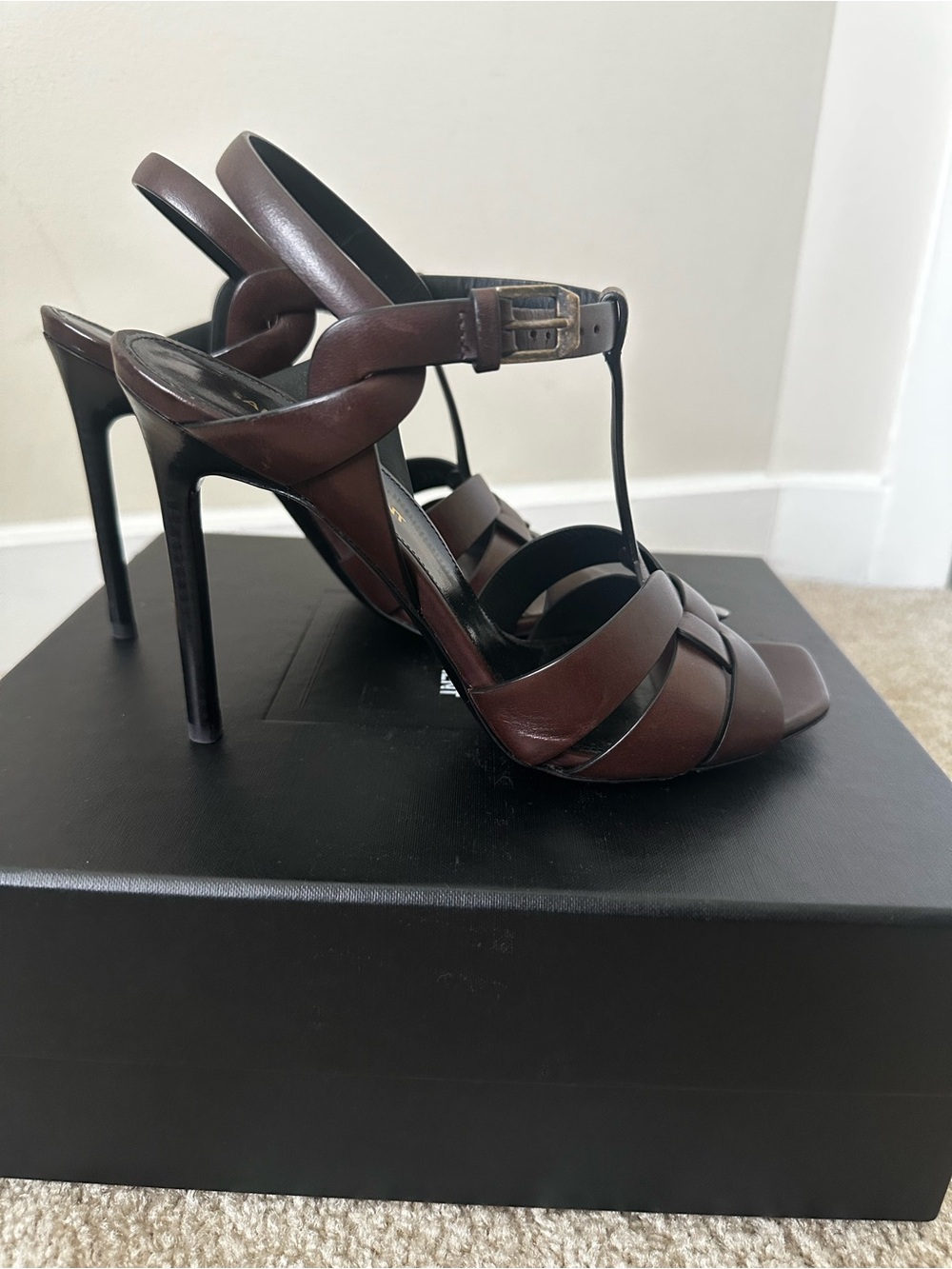 Authentic Saint Laurent Tribute T-Strap Leather Sandals Heels Brown Size 37 - Picture 4 of 13